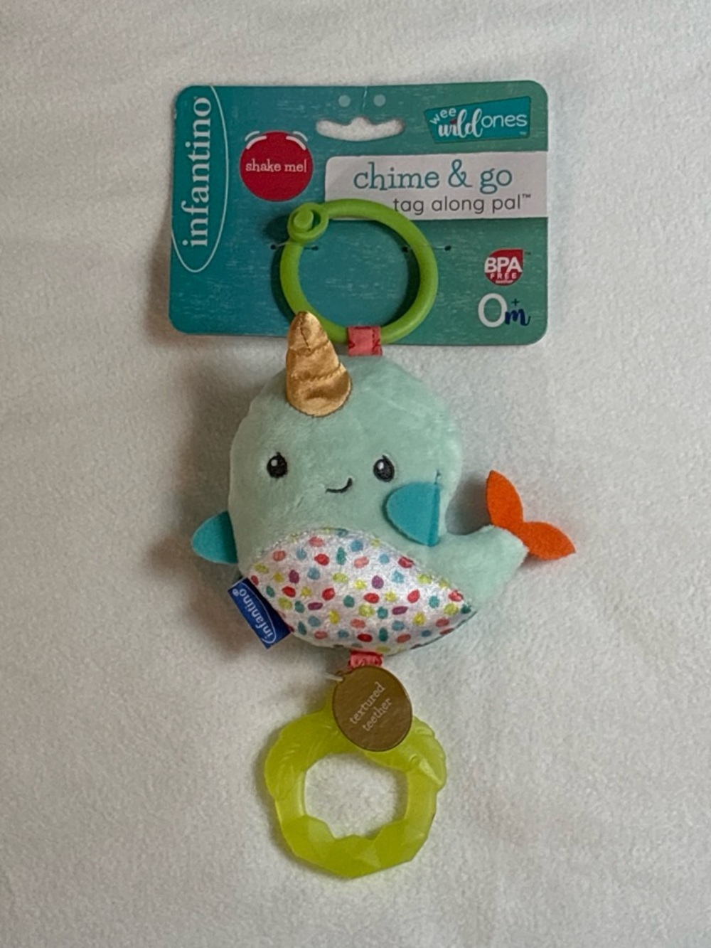 Infantino Chime & Go Narwhal Tag Along Pal - Aqua, Orange, Gold